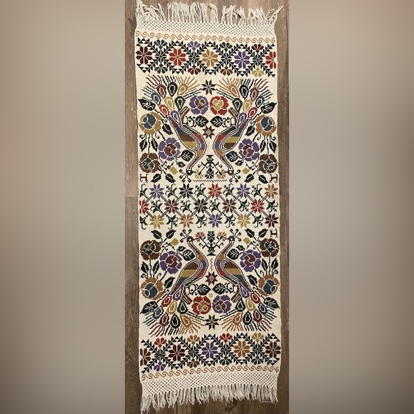 Vintage Floral Hand Embroidered Cross Stitch Fringe Art Deco Piano Shawl (liner) - Picture 2 of 5